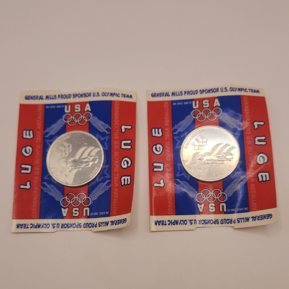 General Mills Commemorative U.S. Olympic Team 1998 Japan Luge Medallion New-2 Pc